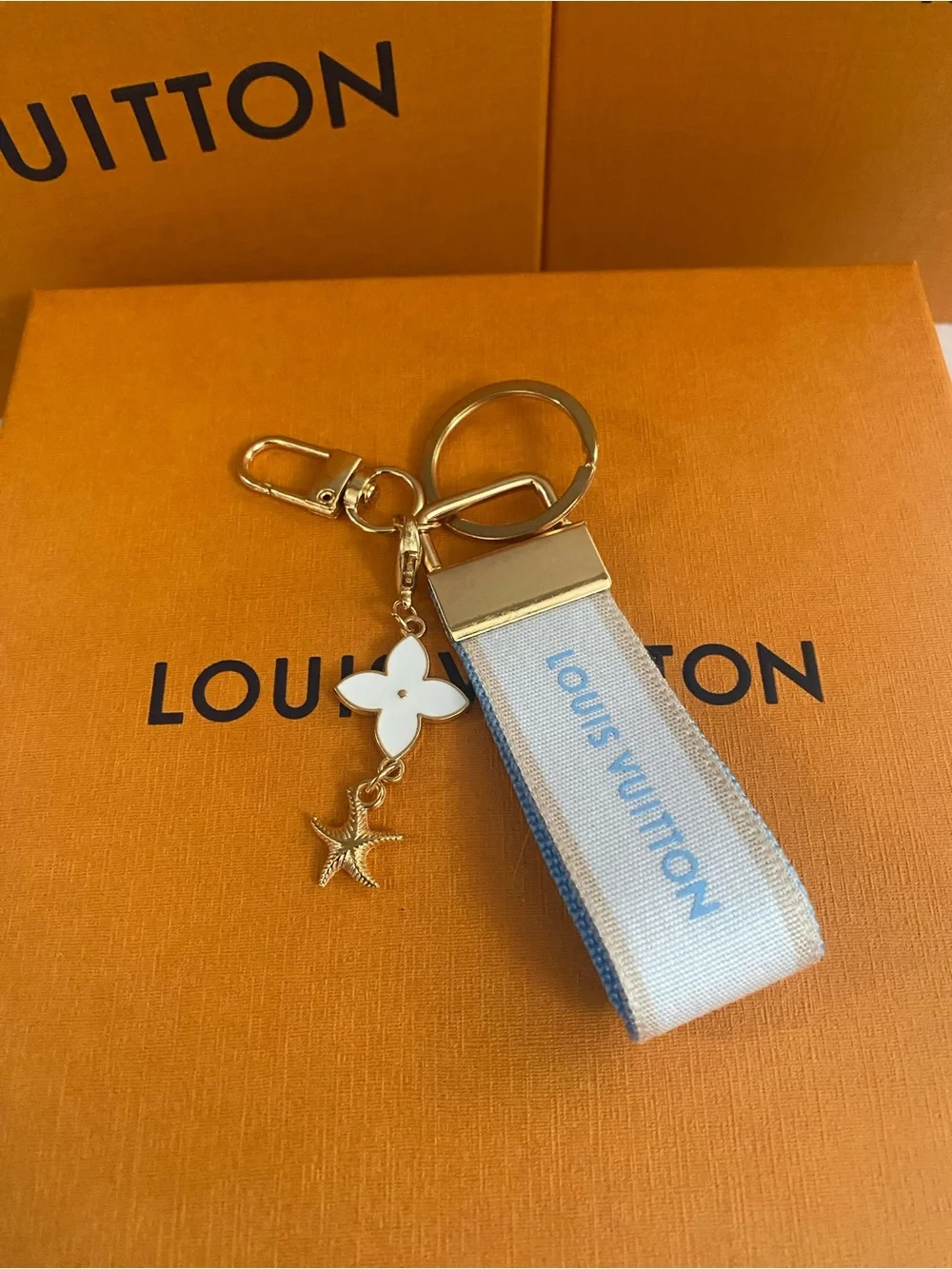Louis Vuitton White and Light Blue Ribbon Keyring with Gold Hardware